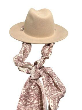 Wyeth Beige Wool Hat With Paisley Scarf Detail Wide Brim New
